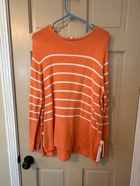 J. Jill Orange and White Striped Scoop Neck Sweater